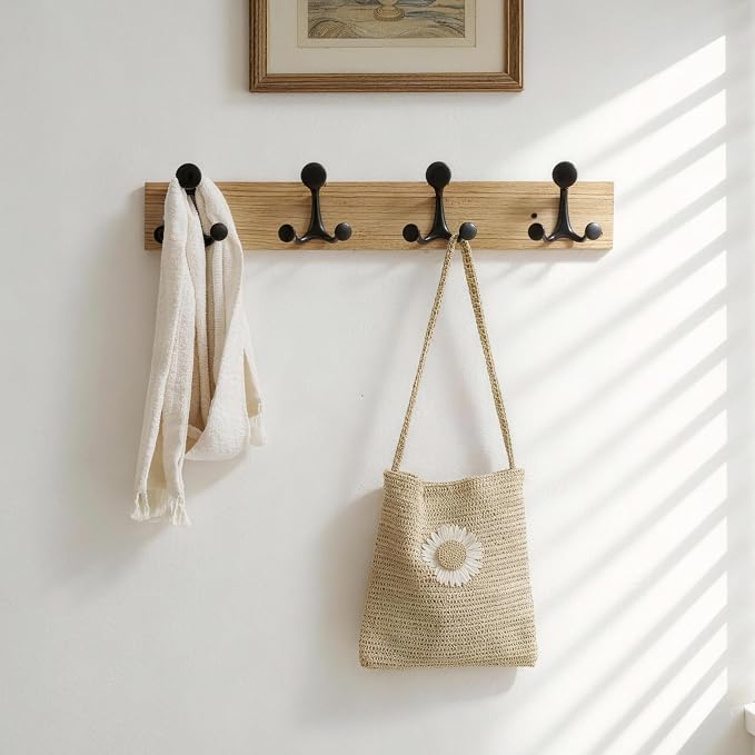 SKOLOO 24-Inch Wood Coat Rack Wall Mount with 4 Triple Hooks - Ideal for Family Entrances, Classrooms, and Pet Supplies Storage - Perfect Coat Hooks for Wall, Black on Natural