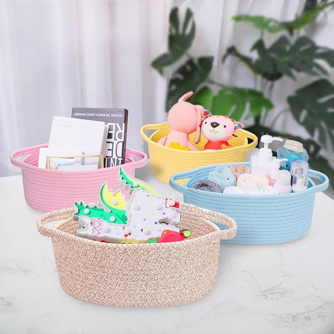 ABenkle Small Basket Empty Gift Basket, Decorative Boho Rope Woven Nursery Storage Organizer Dog Toy Baskets for Baby Showers Christmas Easter with Gift Bags and Ribbons, 12"X 8" X 5"