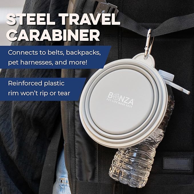 Bonza Collapsible Dog Bowls - Small 12 oz, Dog Travel Accessories, Silicone Portable Dogs Bowl & Water Dish with Reinforced Rim & Carabiner for Hiking, Camping, and Car Trips, Light Gray