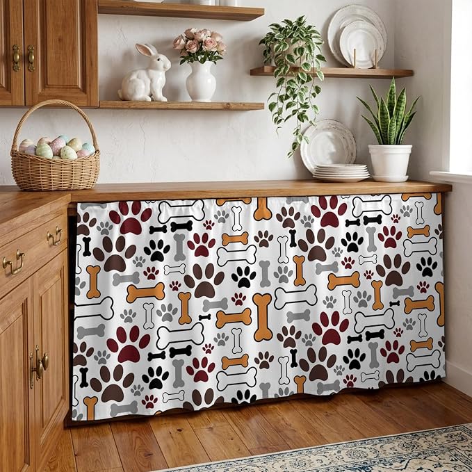 Dog Claws Sink Skirt for Bathroom, Self-Adhesive Under Sink Curtain, Pet Cat Cartoon Cute Animal Bone Pawprints Hide Pipes & Storage Fabric Cabinet Skirt Cover for Kitchen Laundry 32"x55"