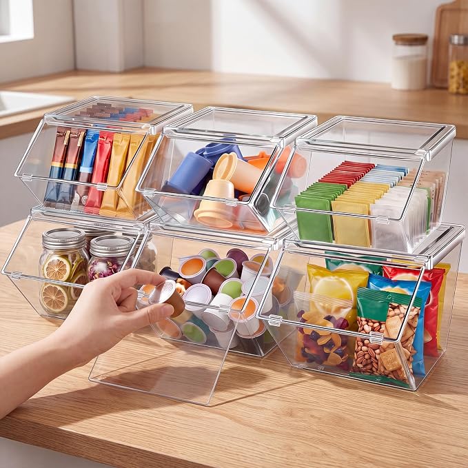 Yerliker 6 Pcs Clear Plastic Storage Bins with Lids Stackable Pantry Storage Organizer Kitchen Cabinet Organizers Ideal Containers for Coffee Pod Tea Sugar Bag Cabinet Home (Large+extra Large)