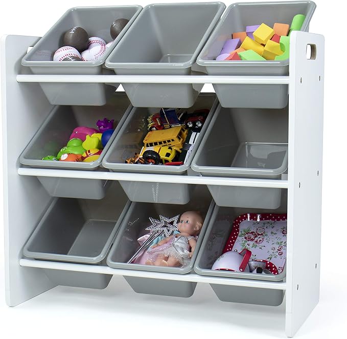 Humble Crew 9-Bin Toy Organizer – Explorer Natural White/Grey Plastic Bins, 3-Tier Storage Solution for Kids' Playrooms and Nurseries