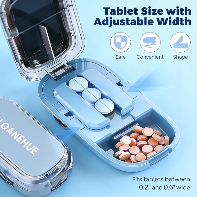 Precision Pill Cutter for Small and Tiny Pills, Sharp Blade with Storage Compartment, Travel-Friendly 1/2 Pill Splitter for Home/On-The-Go, Blue