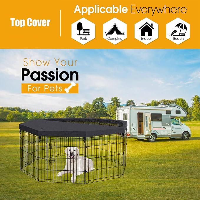 Peekaboo Dog Playpen Top Cover for 24-Inch 8-Panel Octagonal Pen, Black | 600D Oxford and breathable mesh top cover adds shade and an overhead barrier for indoor or outdoor pet play areas.