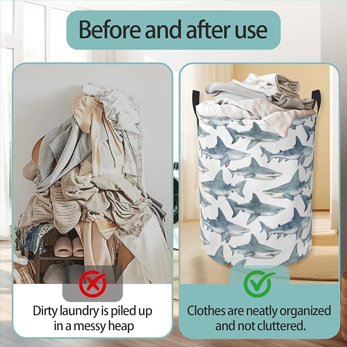 Laundry Hamper Foldable Oxford Cloth Shark Laundry Basket With Handle Portable Clothes Storage Organizer Basket Storage Bag For Laundry Room/Bedroom/Bathroom