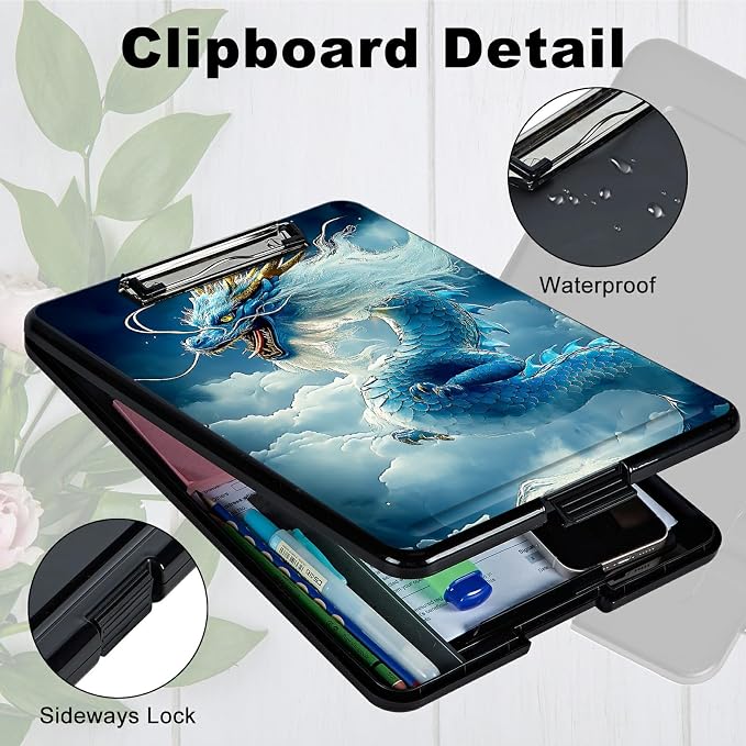 Heavy Duty Storage Clipboard, Slim Nursing Clipboard with Internal Pen Case, Portable File Organizer Case for A4 Letter Size Paper Office Medical Professionals, Cloud Blue Dragon