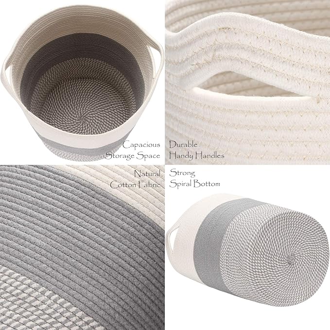 Sea Team Large Woven Cotton Rope Laundry Basket with Handles, 20 x 14 in | Collapsible Knitted Hamper, Closet Shelf Organizers, Containers for Clothing, Blankets, Toys, Bedding, Mottled Gray