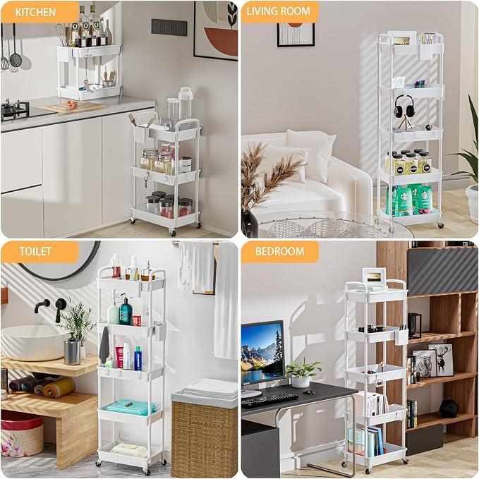 5 Tier Rolling Utility Cart with Handle,REBECAT Utility Cart Made of Multifunctional Storage Organizer Tool for Kitchen,Bathroom,Living Room,Office(White)