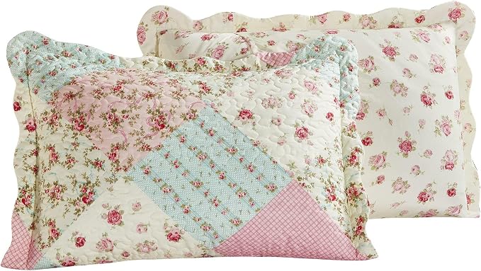 Brilliant Sunshine Pink & Green Roses Pillowshams Set, 20"x26"+2" | Patchwork Design, Quilted Standard Pillowcases, Washable Scallop Edge Pillow Covers, Pack of 2