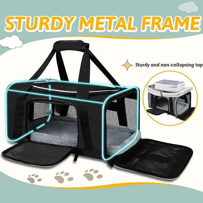 Small Pet Carrier 17" L x 11" W x 9.5" H Airline Approved, Black | for Alaska Airlines, Lockable Safety Zippers and Anti-Scratch Mesh, Pets Under 10 lbs