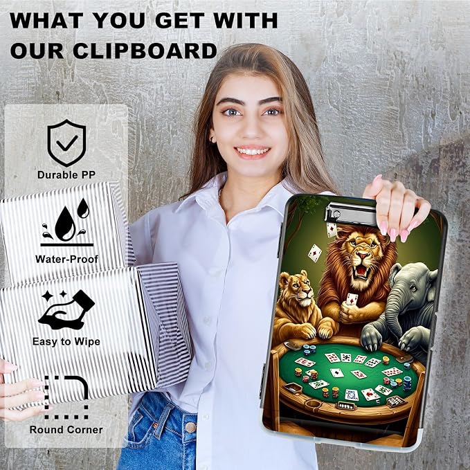 Elephant Lion A4 Clipboard with Storage Pen Holder, Clipboards Organizer Nursing Clipboard Foldable File Folder Plastic Clipboard Folio Clip Board for Office Students Classroom Doctor