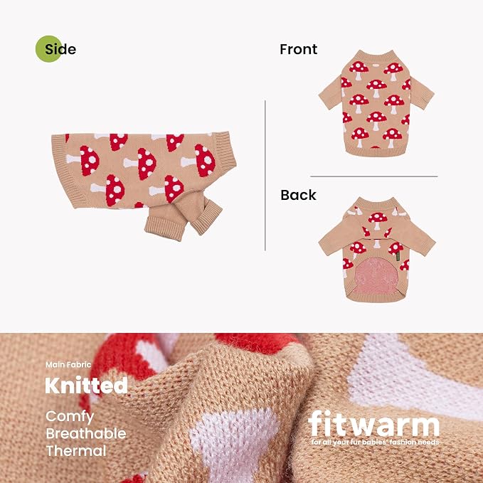 Fitwarm Mushroom Dog Knitted Sweater, Cozy Winter Clothes for Small Dogs Boy Girl, Soft Pet Outfit, Beige, Red, White, Small