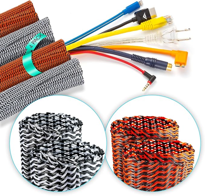 Maximm Cable Management Wire Loom 3ft 1 Inch Black/White and Black/Orange Split Cord Protector 4 Pack