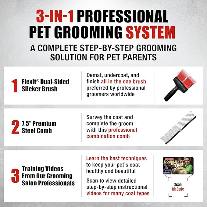 FlexIt Home - Flexible Slicker Brush for Dogs - Dog Grooming Brush for Poodles, Golden Doodles, Huskies, Retrievers, and Labradoodles - Professional 3-in-1 System & Video Trainings (Double, Firm Flex)