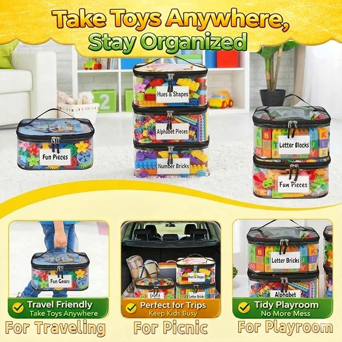 6 Pack Clear Toy Storage Bags, Kids Toy Organizer with Zipper | Waterproof PVC, Large Capacity for Puzzles, Blocks & Board Games, Easy Sorting with Labels