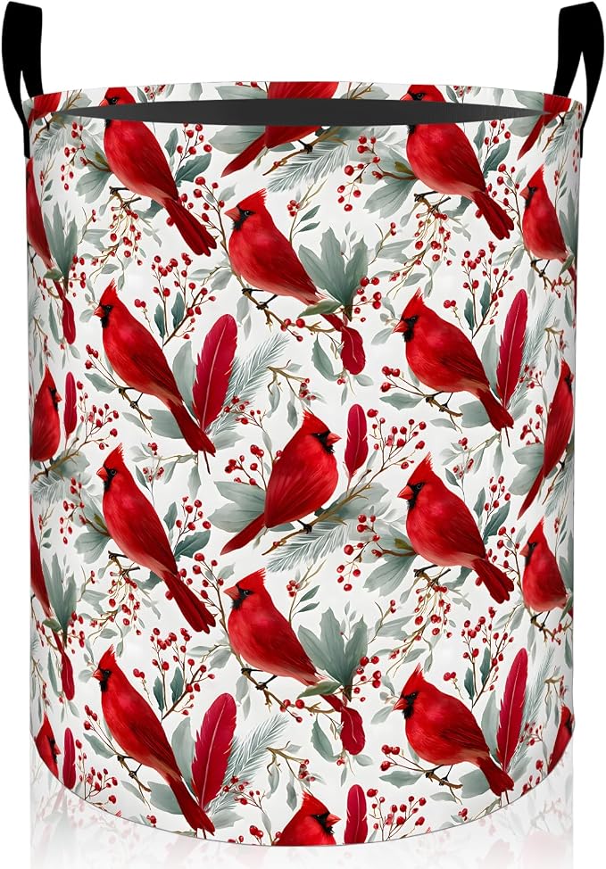 Elegant Cardinal Bird Laundry Basket, Red Berry Branch Oxford Cloth Dirty Clothes Collapsible Hamper for Room Decor, Winter Gifts, Toy Organizer 19.7 x 15.7 Inches for Bedroom Bathroom Dorm