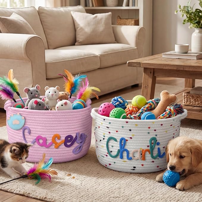 Personalized Dog Cat Toy Basket with Name Custom Pet Puppy Gift Baskets Customized Storage Organizer Bin for Clothes, Blankets, Diaper Caddy