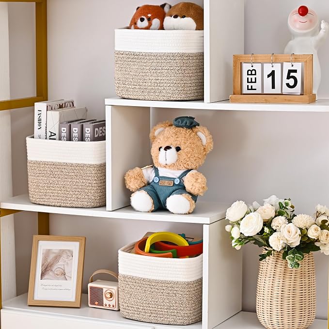 3 Pack Cube Storage Bin, 9”x9”x7” Cotton Rope Woven Baskets for Organizing Toys Clothes Towels, Square Gift Storage Baskets for Shelves, Nursery, Closet, Bathroom, Pantry (White & Jute)