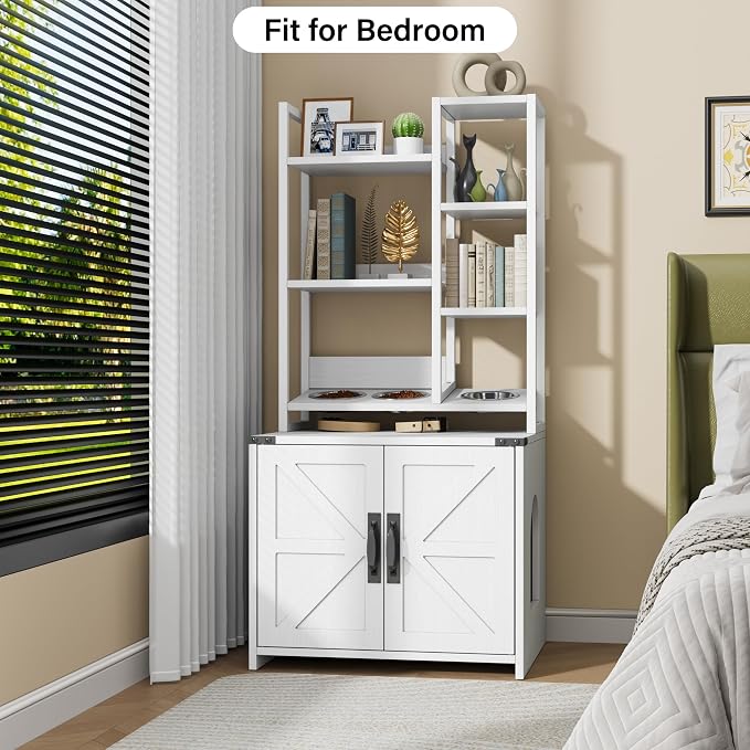 Saudism Cat Litter Box Enclosure with Feeding Station, Tall Cat Litter Box Furniture Hidden with 4-Tier Storage Shelves, Farmhouse Cat LitterBox Cabinet with Barn Door for Living Room, Bedroom, White
