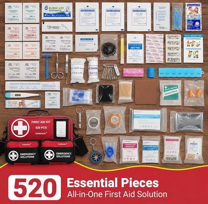 520 Premium Piece Large First Aid Kit – Emergency Survival Kit for Car, Home, Camping, and Travel – Compact Medical Kit for Roadside Emergencies, Outdoor Adventures, and Everyday Safety