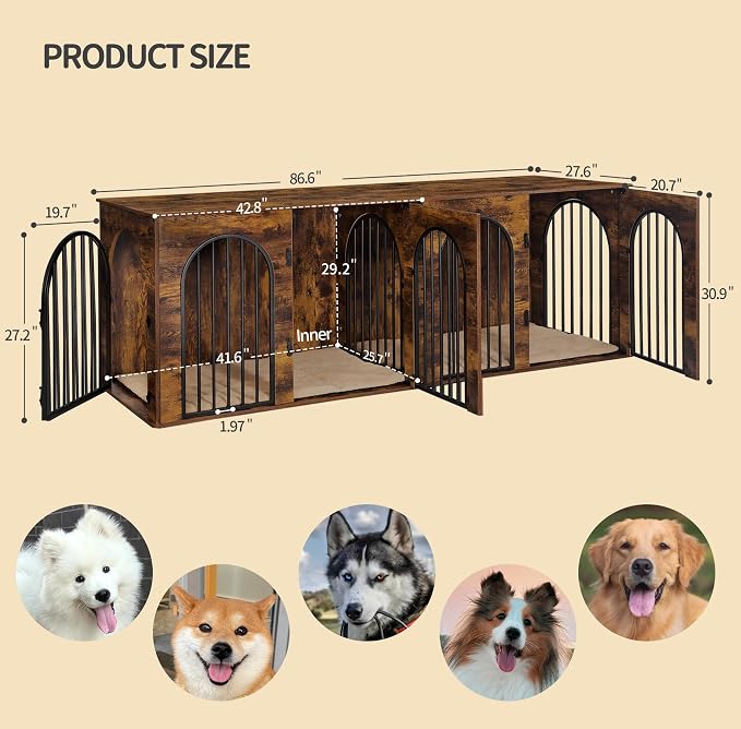 Hzuaneri 86.6" Double Dog Crate Furniture, Dog Kennel Indoor with Cushion | Heavy Duty Dog Crate Furniture for 2 Dogs,Dog Cage End Table TV Stand with Divider for Med-Large Dog,Rustic Brown DFC84001BV1