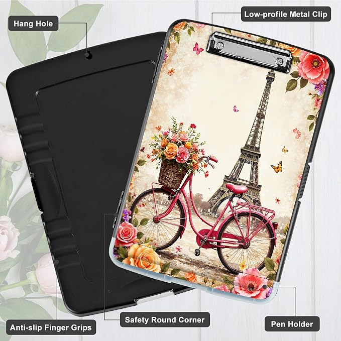 A4 Clipboard with Storage Pen Holder, Clipboards Organizer Nursing Clipboard Foldable File Folder Plastic Clipboard Folio Clip Board for Office Work Classroom Doctor, Bicycle Leaning Tower