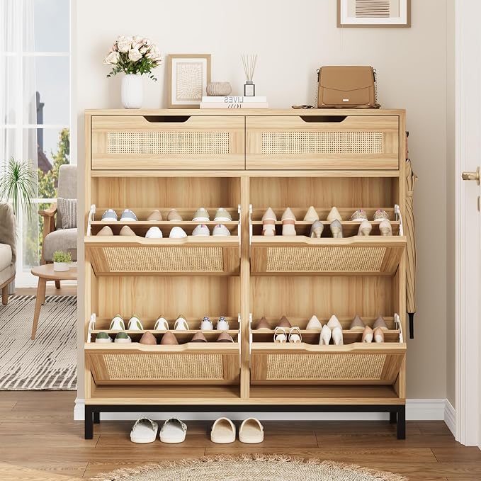 Jocoevol Rattan Shoe Cabinet for Entryway, Boho Shoe Storage Cabinet with 4 Flip Drawers and 2 Drawers, Narrow Freestanding Shoe Rack with Metal Legs for Entryway/Hallway/Foyer (Natural)