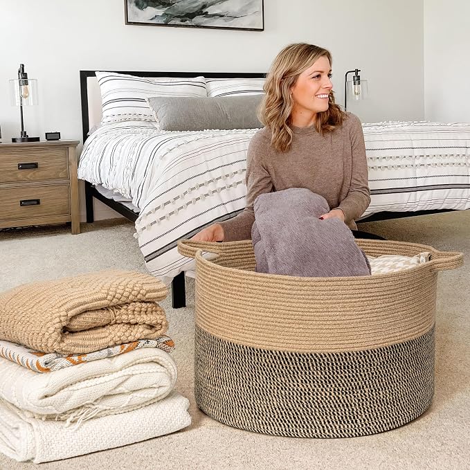 Goodpick Large Wicker Basket for Blankets, Baby Toy Storage Basket, 85L | 21.7 x 21.7 x 13.8 In Storage Basket for Toys Towels, Big Blanket Basket for Living Room, Jute