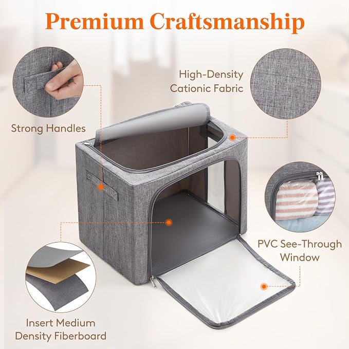 Lifewit Clothes Storage Bins with Metal Frame, Stackable Storage Box, Foldable Clothing Storage Bins with Lids, 40L Storage Bags Fabric Box Organizer with Clear Window＆ Zippers＆ Sturdy Handles 4 Pack