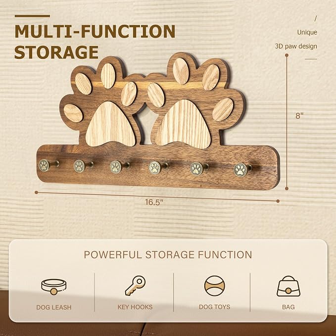 MTERSN Acacia Wood Cute Dog Leash Holder for Wall for Pet Organizer, Brown | Acacia Wood, Unique 3D Pet Claw Hooks, Key Holder Wall Mount with 6 Hooks, Farmhouse Home Decor for Entryway & Apartment