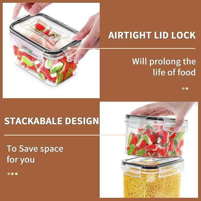 PRAKI Airtight Food Storage Containers Set, 16 Pcs BPA Free Plastic Dry Food Canisters for Kitchen Pantry Organization and Storage Ideal for Cereal, Flour & Sugar - Labels, Marker(Black) | Kitchen Storage Containers for Pantry Organizers and Storage - ...