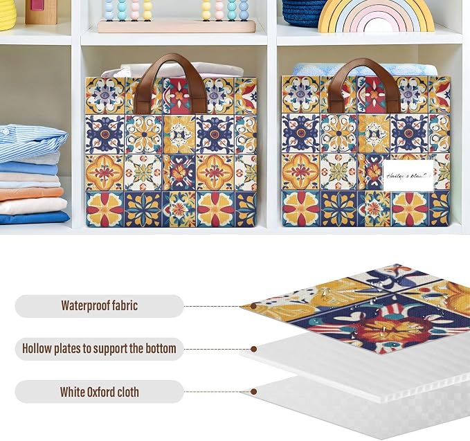 Mexican Spanish Style Colorful Tile Pattern Storage Bins for Shelves with Labels&Handles Fabric Organizer Bin Foldable Rectangle Storage Basket Boxes for Closet, Bathroom, Home, Living Room, 2 Pack