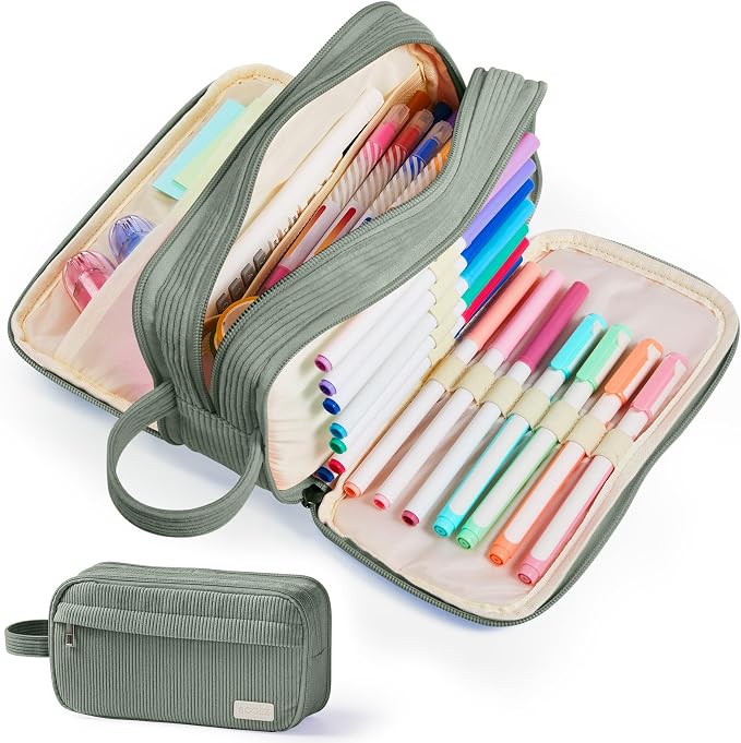 Sooez High Capacity Pencil Case, Soft Corduroy Pencil Pouch | Large Pencil Bag with 4 Compartments, Sturdy Zipper, Cute Case Pouch Organizer for Student Teen Girls, Dark Green