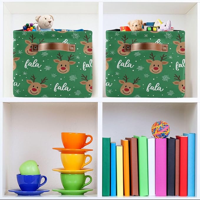 Green Christmas Reindeer Storage Basket with Waterproof Liner and PU Handles Winter Snowflake Xmas Storage Bins Boxes 14.2" Collapsible Decorative Organizer Baskets for Bedroom Closet Office 2 Pack