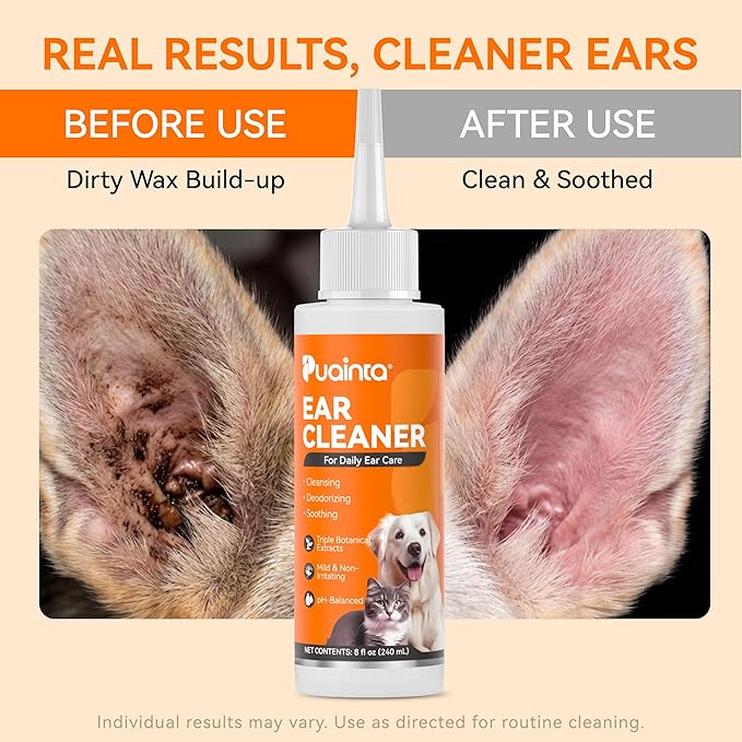 PUAINTA Dog Ear Cleaner Solution - Alcohol-Free Ear Wash with Quantum Silver & Witch Hazel - Soothes Itch, Removes Wax & Odor - Gentle Daily Flush for Dogs & Cats (8 oz)