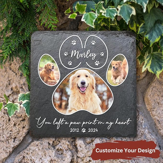 Wrappiness Pet Memorial Stone - You Left A Paw Print On My Heart, Personalized Dog Memorial Gifts, Remembrance Condolences Bereavement Gifts for Loss of Pet Custom Photo (Square 03, Stone)