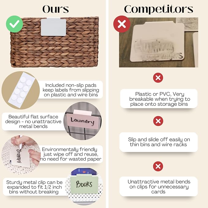 Hygge & Sage: Metal Non-Slip Basket Labels Clip On for Storage Bins, or Wire Racks | Includes 8 Labels, 8 Non-Slip Pads, and 1 Free Marker (White)