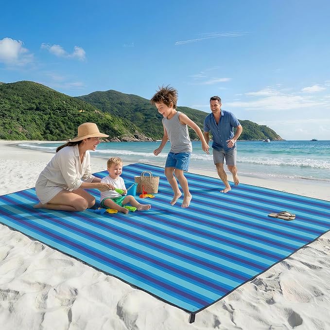 OIGAE Beach Blanket Waterproof Sandproof Oversized Beach Mat | Picnic Mat with Stakes, Storage Bag - Essentials for Outdoor Beach, Picnic,Quick-Dry Lightweight,Windproof Pockets