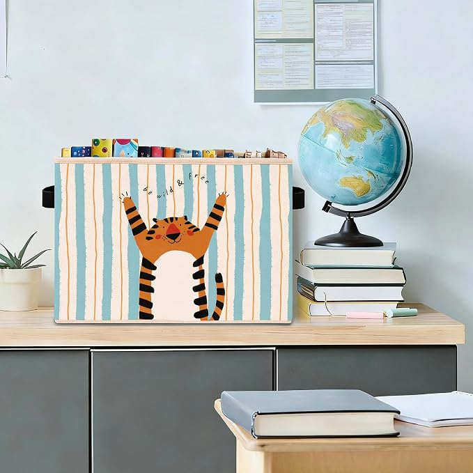Tiger Storage Bin, Brave and Kind Blue Stripe Foldable Fabric Basket | Foldable tiger fabric organizer with Brave and Kind design for nursery, bedroom, playroom, toys, books, clothes