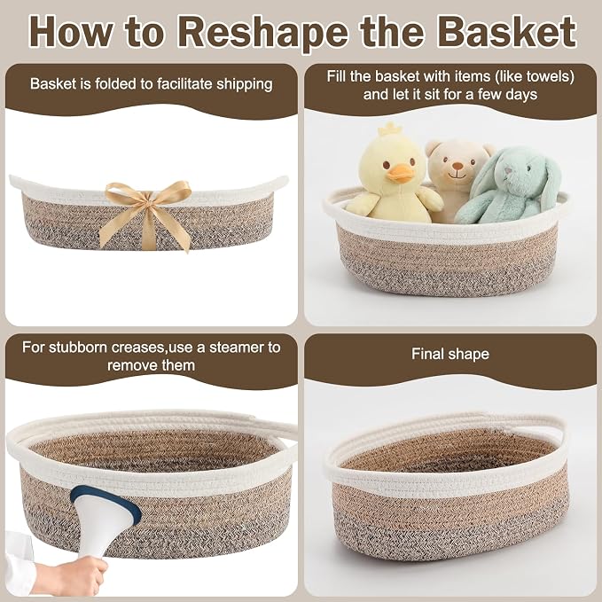 Basket for Gifts Empty, Small Woven Basket with Bags and Ribbons, Baby Toy Baskets with Handles, Wicker Storage Bin for Baby Showers or Pet Toy (White-Brown Gradient, 1 Pack (12"x 8"x 3.74"))