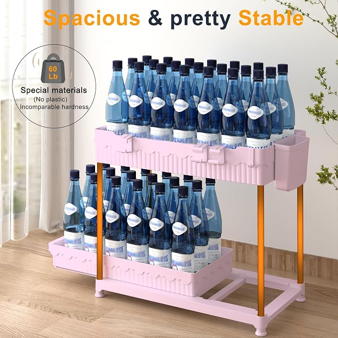 3-Pack 2-Tier Under Sink Organizers with Sliding Drawers | Multi-use kitchen & bathroom storage, 12.8 inch pink cabinet organizer, space-saving sliding drawer design.