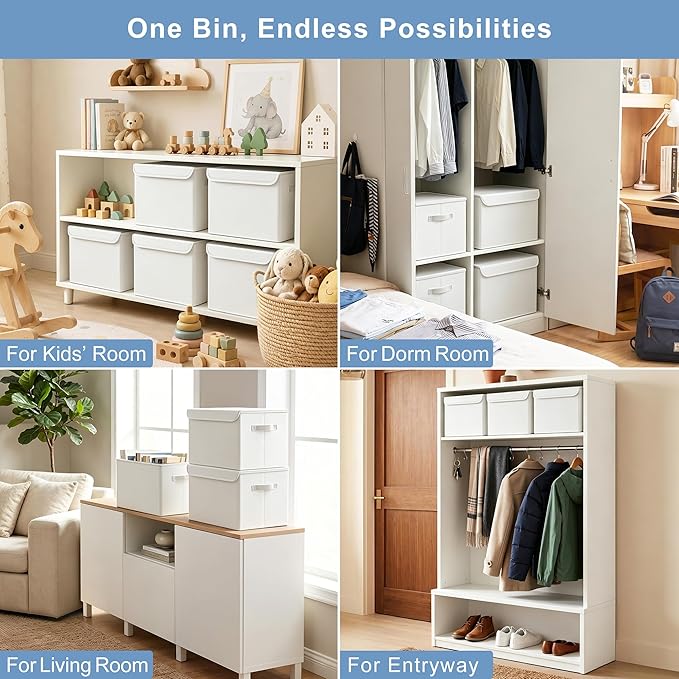 Large 22 Quart Linen Fabric Foldable Storage Bin Cube Organizer Basket with Flip-Top Lid & Handles, Clothes Blanket Box for Home, Office, Closet, White, 4 Pack 14.6 x 9.5 x 9.5”