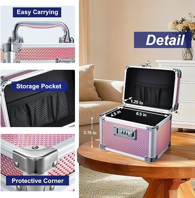 Medicine Lock Box with 3-Digit Combination Lock – Pink Lockable Storage Box for Medication, Small Lock Box for Valuables, 7" Locking Medicine Box, Lock Box for Home Travel Dorm