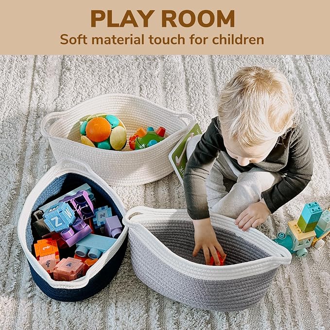 Goodpick Small Woven Rope Gift Basket Empty, 12"x 8"x 5" Boo Basket, Grey | Baby Basket for Baby Showers Toys, Fits Living Room Nursery Bedroom Organization, Dog Toy Storage, with Durable Handles
