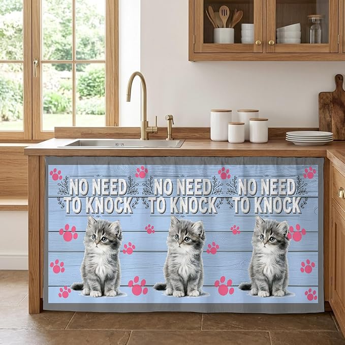 NO Need to Knock Sink Skirt for Bathroom, Self-Adhesive Under Sink Curtain, Cat Pet Paw Prints Pet Lover Farmhouse Hide Pipes & Storage Fabric Cabinet Skirt Cover for Kitchen Laundry 32"x55"
