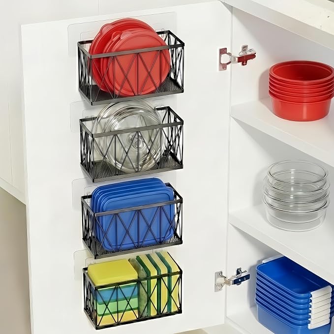 4 Pack Cabinet Door Organizer, Adhesive Inside Cabinet Door Storage for Kitchen Bathroom, Lid Organizer Compatible with Tupperware Pyrex, Wall Mounted Basket for Pantry Under Sink, Black