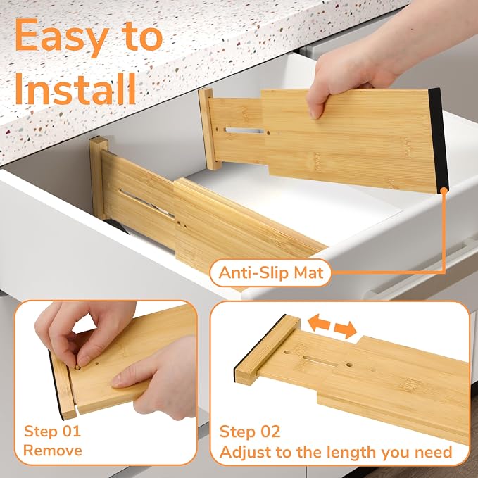 BAMEOS Bamboo Expandable Drawer Dividers – Fits 12.2"–17" Drawers, 4" Extra Deep Walls, Set of 4 | Tall Spring-Loaded Separator for Baby Dresser, Sock Drawer & Bathroom Cabinet