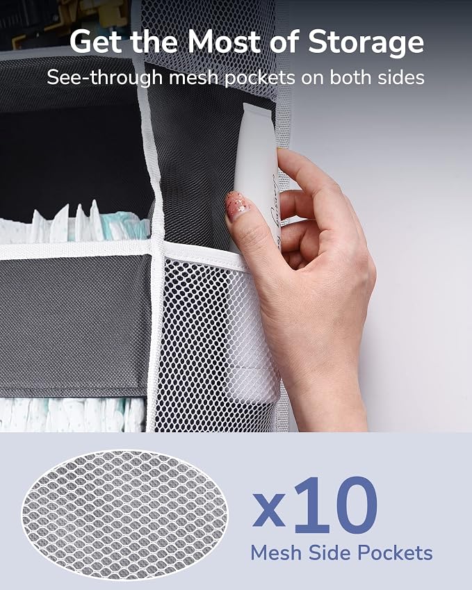 ULG 1 Pack Over Door Organizer with 5 Large and 10 Mesh Side Pockets, 44 lbs Weight Capacity Hanging Storage with Clear Window Kids Toys, Shoes, Diapers, Dark Grey, 5 Layers