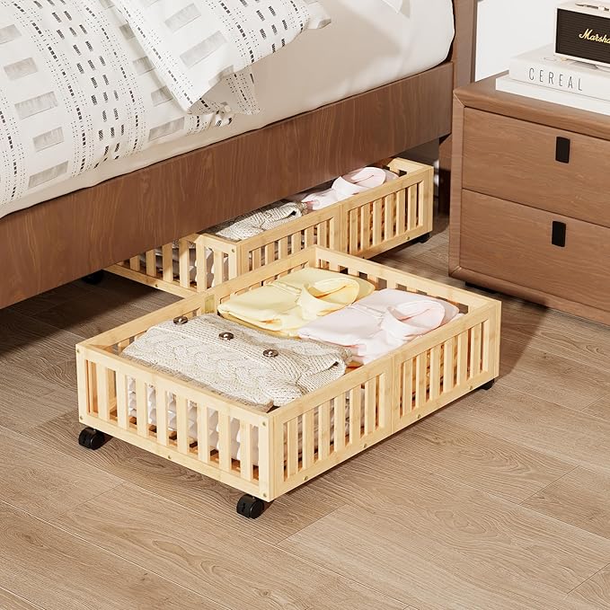 Under Bed Storage with Wheels, 2 Pcs Bamboo Drawers for Clothes and Toy | 360° wheels glide smoothly, Sturdy bamboo frames hold clothes, shoes, bedding and toys. Easy pullout access keeps rooms tidy