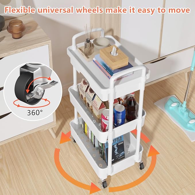 Calmootey 3-Tier Utility Cart with Drawer & Wheels, Storage for Home,Office | Space-Saving Organizer, Sturdy Plastic Shelves, Smooth-Rolling Metal Wheels, Built-in Drawer for Small Items, White